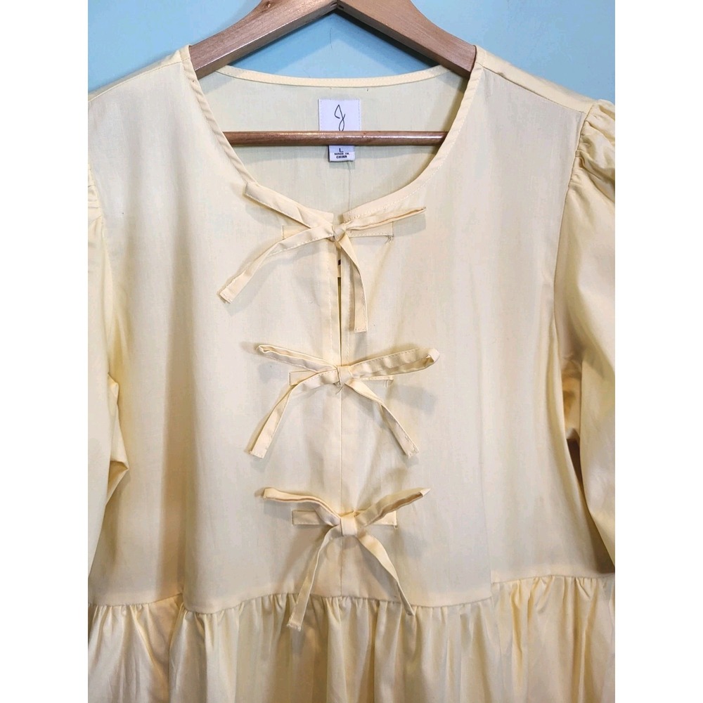 New Joie Butter Yellow Babydoll Puff Sleeve Bow Pockets Dress Sz L - Picture 3 of 8